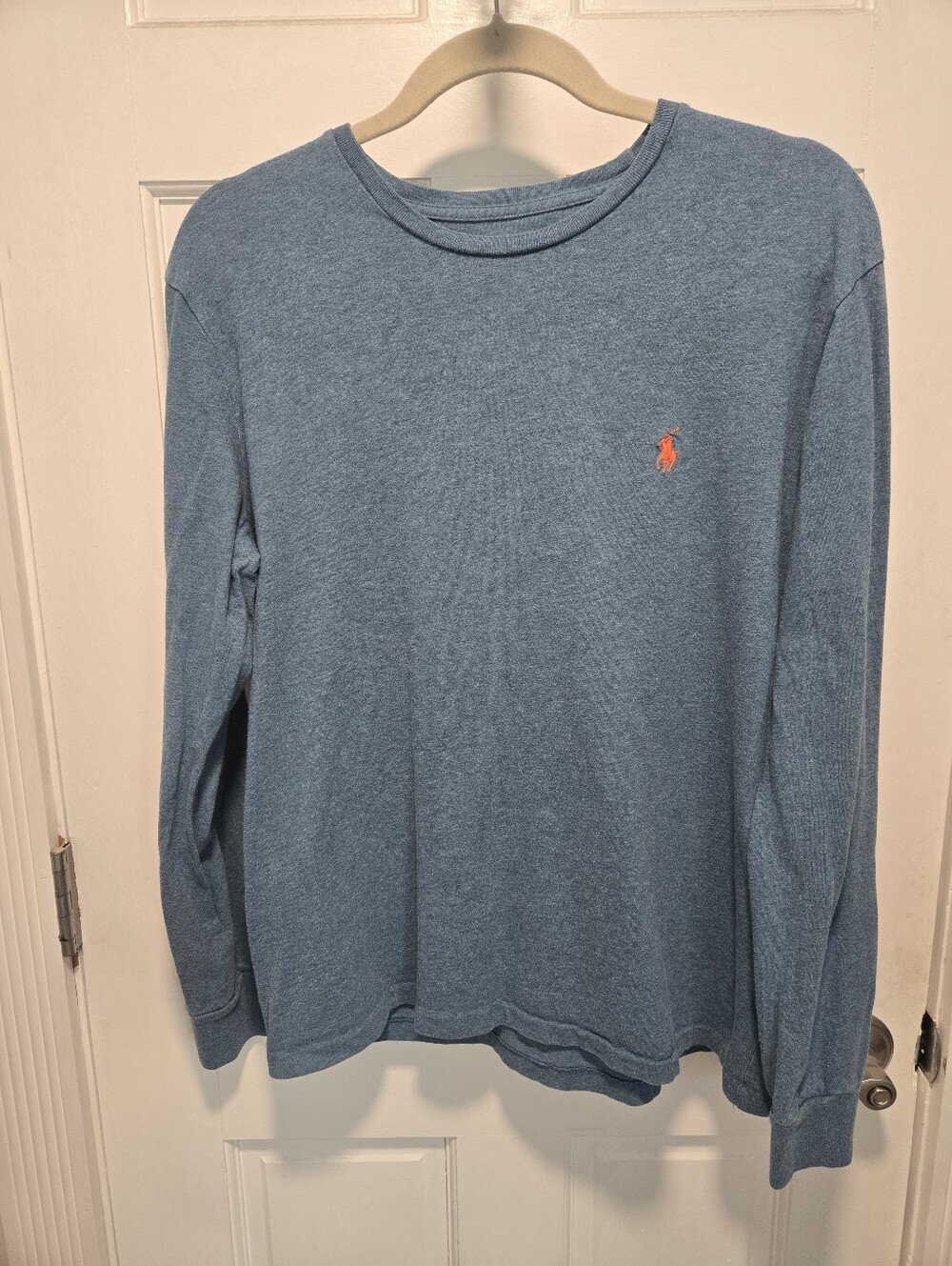 Polo by Ralph Lauren Long-Sleeve Crewneck Tee in Heathered Blue with Orange Pony